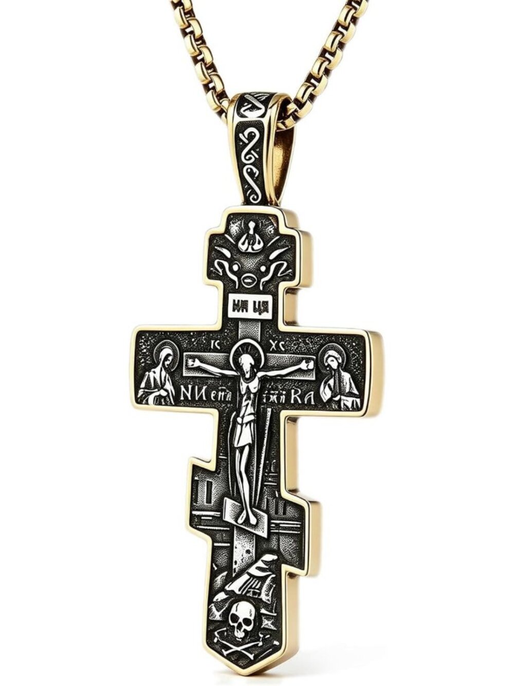 Men's Vintage Eastern Orthodox Cross Necklace, Double-Sided Jesus Pendant, 24